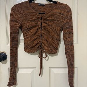 Zara Brown Ruched Cropped Long Sleeve Top | Size S
